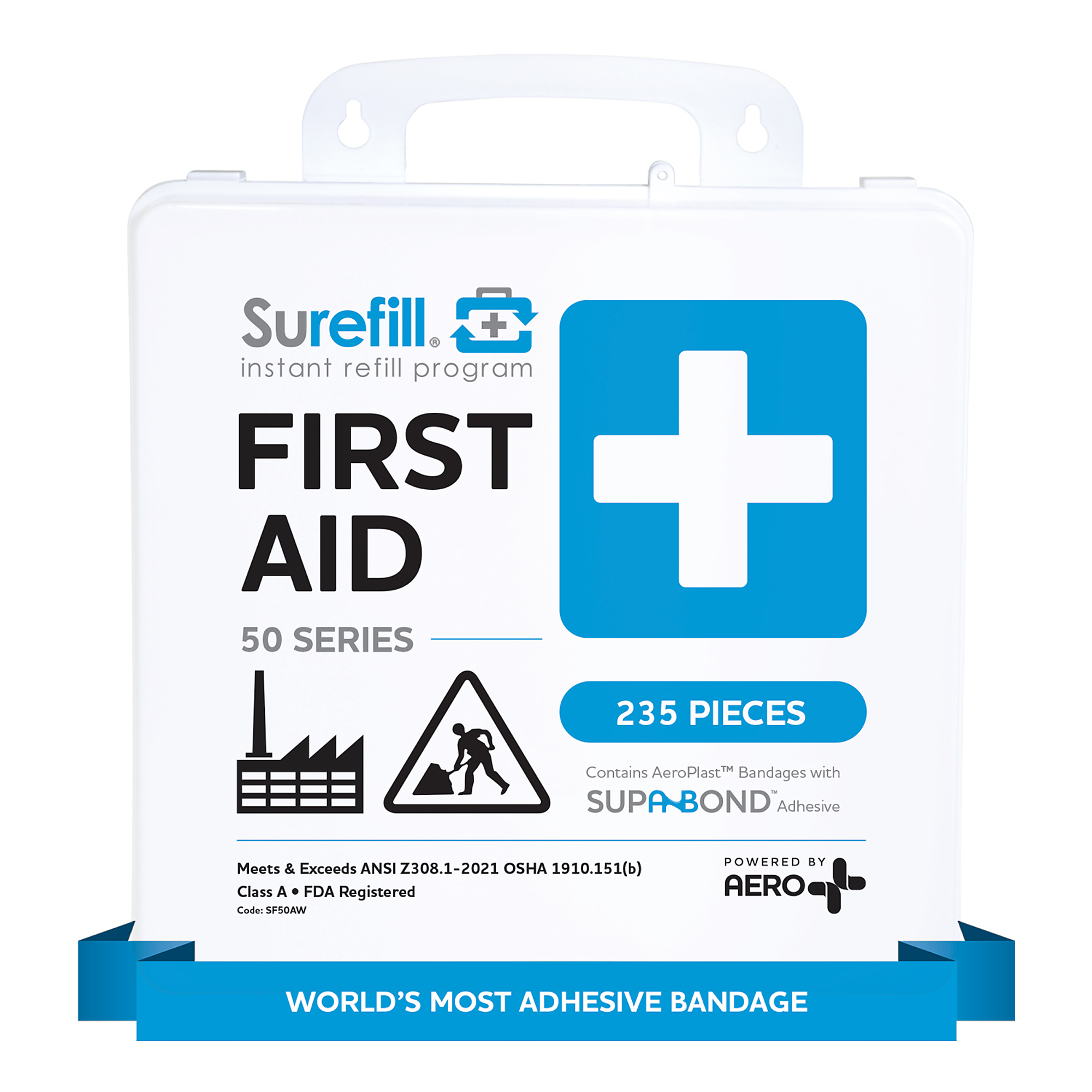 Aero Healthcare, 50 ANSI 2021 A+ First Aid Kit, Plastic Case, Items Per Kit 235 Class A, ANSI Compliant, Model# SF50AW